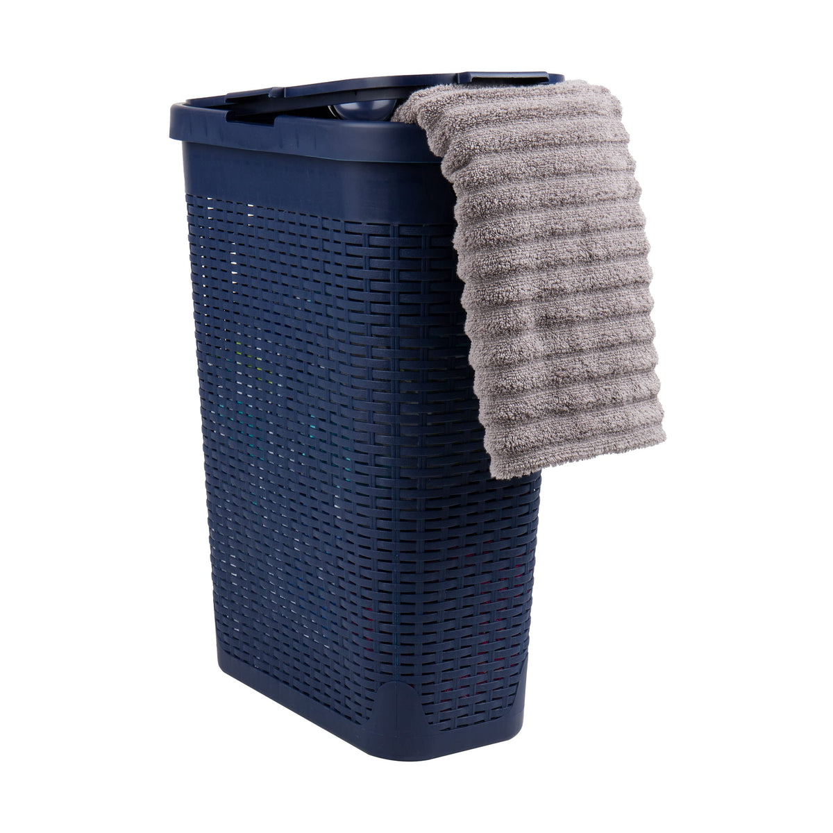 Mind Reader Slim Laundry Hamper with Lid, 40L Clothes Basket, Narrow Tapered Design with Ventilated Cutout Pattern, Plastic, White