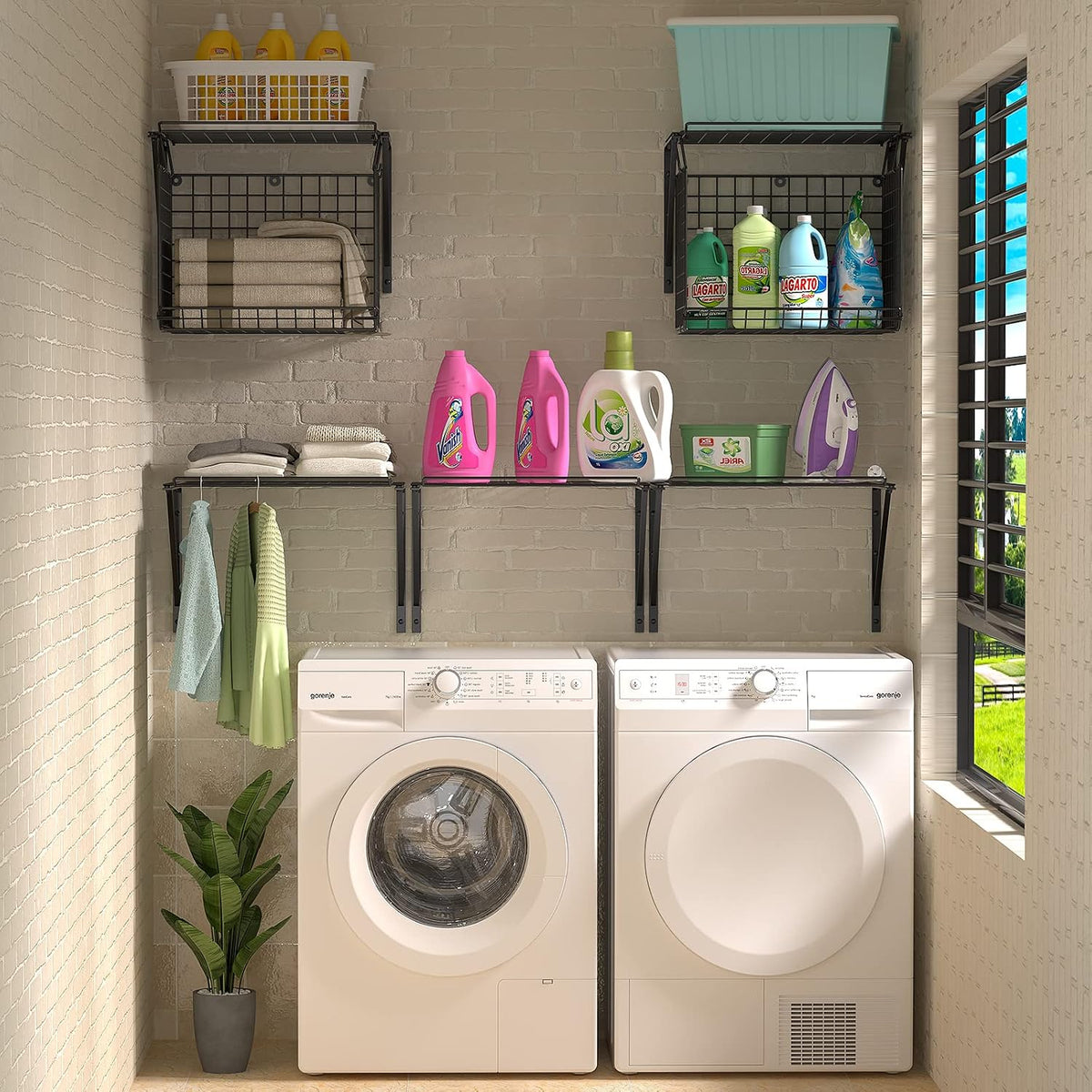 3IngSeagulls 2 Pack Laundry Room Shelves, Wire Baskets with 8 Hooks, Over Washer and Dryer Shelf, Wall Mounted Storage and Clothes Drying Rack, Black