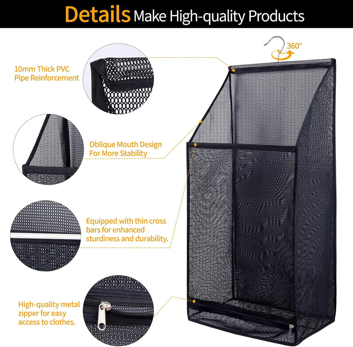 Hanging Collapsible Breathable Mesh laundry bags,Fast Drying Portable Space Saving Laundry Hamper for dorm,Rv Laundry Hamper Storage (Black)