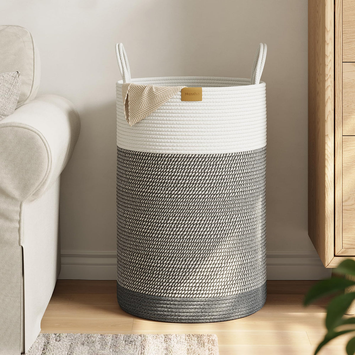 Nunsino Tall Laundry Basket Hamper 95L,Cotton Rope Storage Hamper with Reinforced Handles,Decorative Blanket & Toy Basket for Living Room, Bedroom, Nursery, Dark Brown