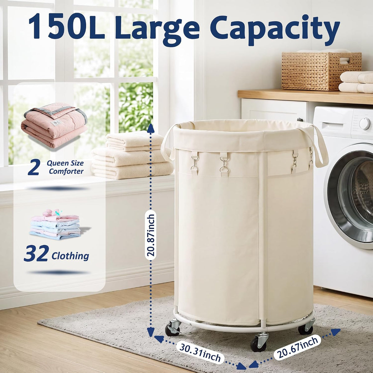 150L Large Capacity Rolling Laundry Basket Hamper with Wheels, Clothes hamper and Removable Bag for Home, Laundry Room, Bedroom, Bathroom, Apartment, Dorm