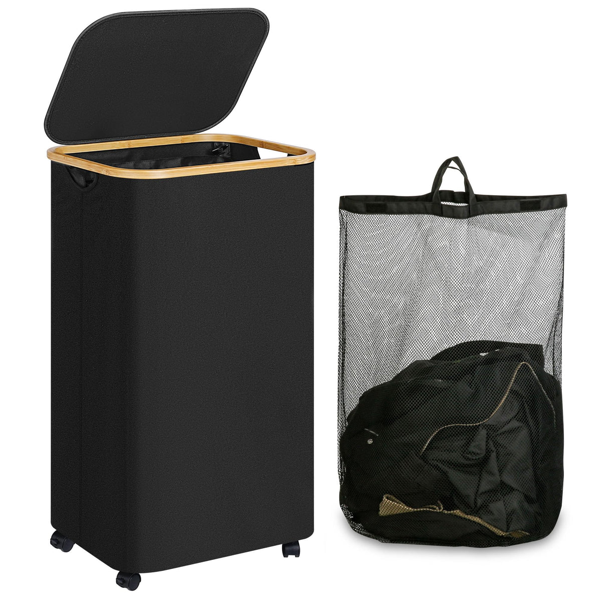 iEGrow Laundry Hamper with Lid,75L Hamper with Wheels & Removable Bag,Slim Laundry Basket on Wheels with Bamboo Frame,Foldable Rolling Clothes Hamper for Bedroom Dorm,Beige