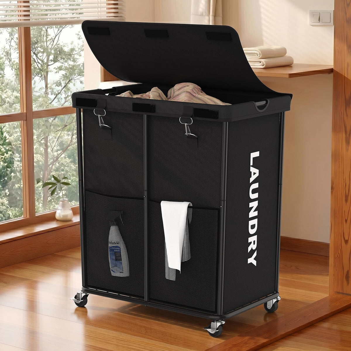 Laundry Hamper with Wheels and Lid, 150L Large Rolling Laundry Basket Black