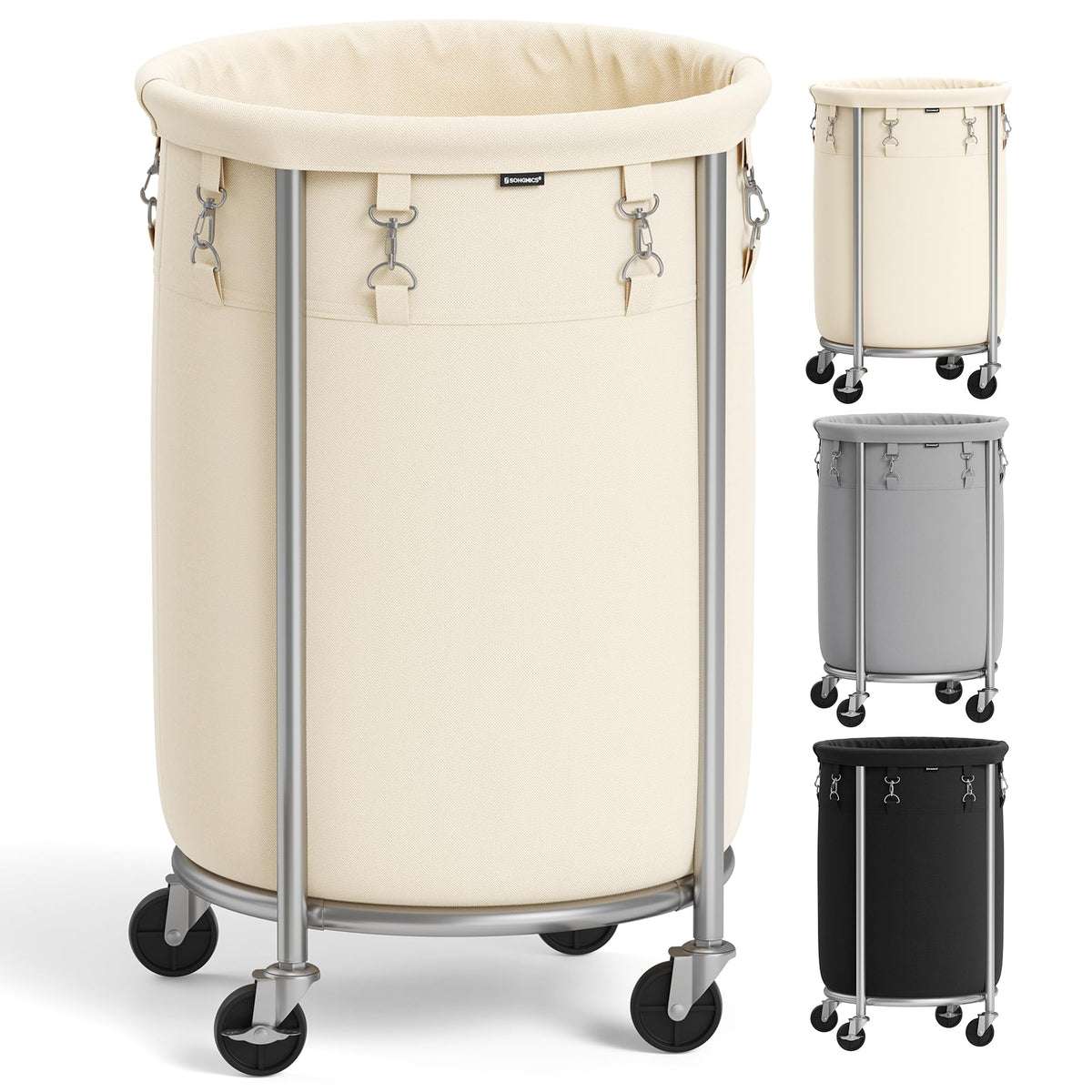 SONGMICS Laundry Basket with Wheels,190L, Steel Frame, Removable Bag