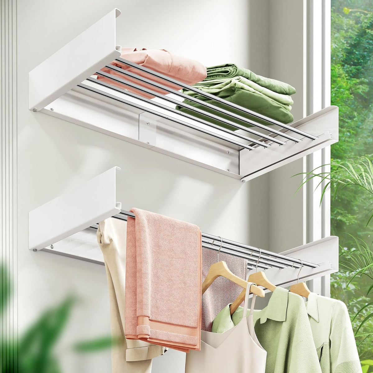 ZdwCyl Wall Mounted Drying Rack,32 inches,Foldbale, Clothes Drying Rack,Laundry Drying Rack Wall Mount,Drying Rack Clothing Space Saver,Retractable,Collapsible,Folding Laundry Rack,White