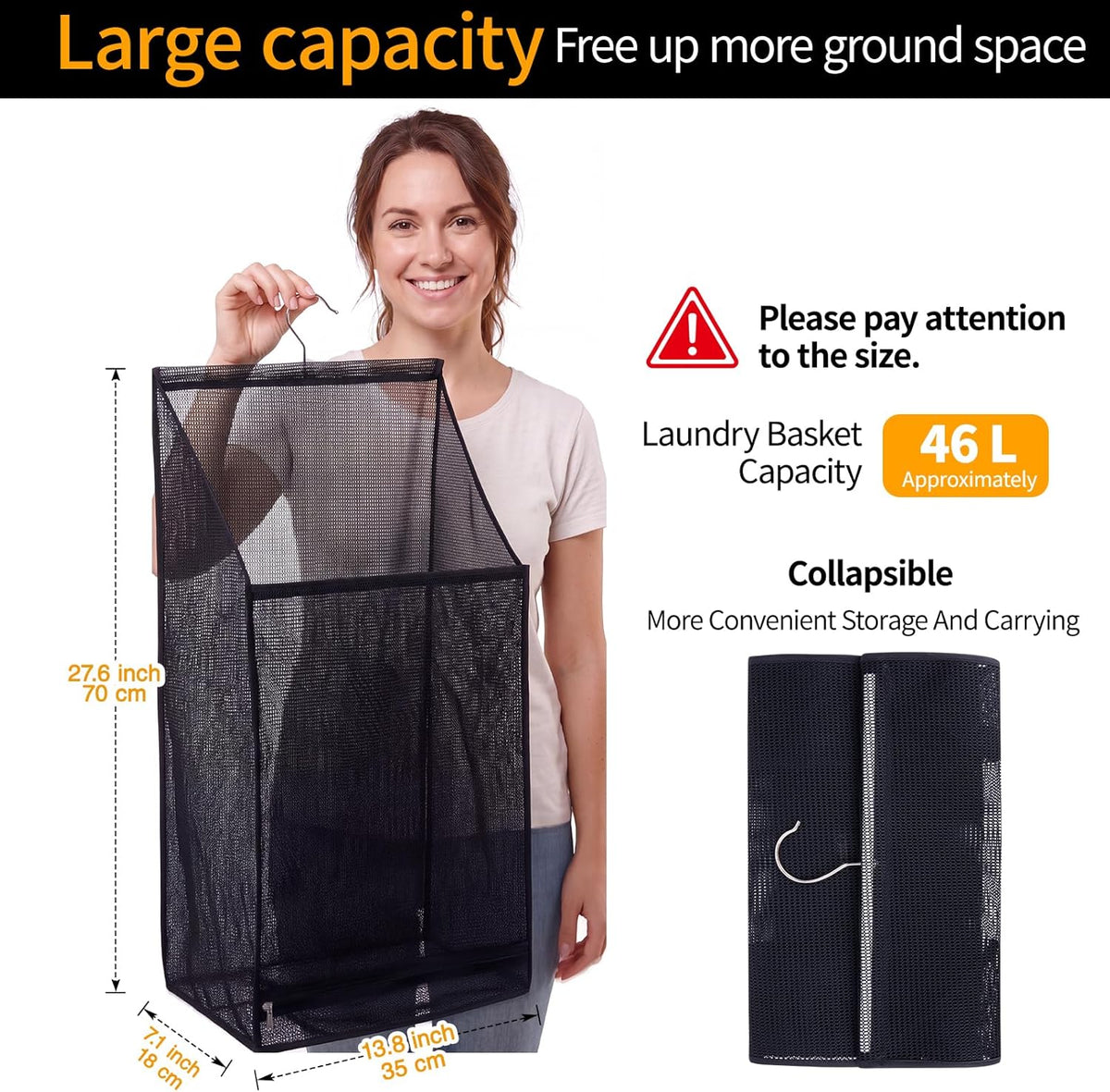 Hanging Collapsible Breathable Mesh laundry bags,Fast Drying Portable Space Saving Laundry Hamper for dorm,Rv Laundry Hamper Storage (Black)