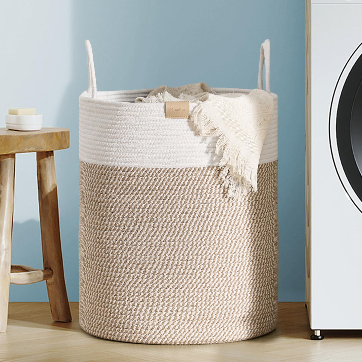Nunsino Tall Laundry Basket Hamper 95L,Cotton Rope Storage Hamper with Reinforced Handles,Decorative Blanket & Toy Basket for Living Room, Bedroom, Nursery, Dark Brown