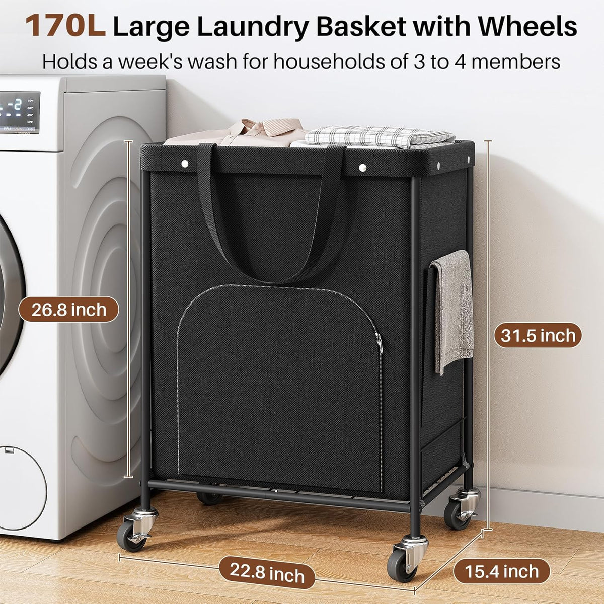 170L Large Laundry Basket with Wheels, Rolling Laundry Hamper Easy Access Clothing Minimizes Bending, Laundry Cart with 4 Silent Casters & Removable Bag for Bedroom, Bathroom, Laundry Room,Black