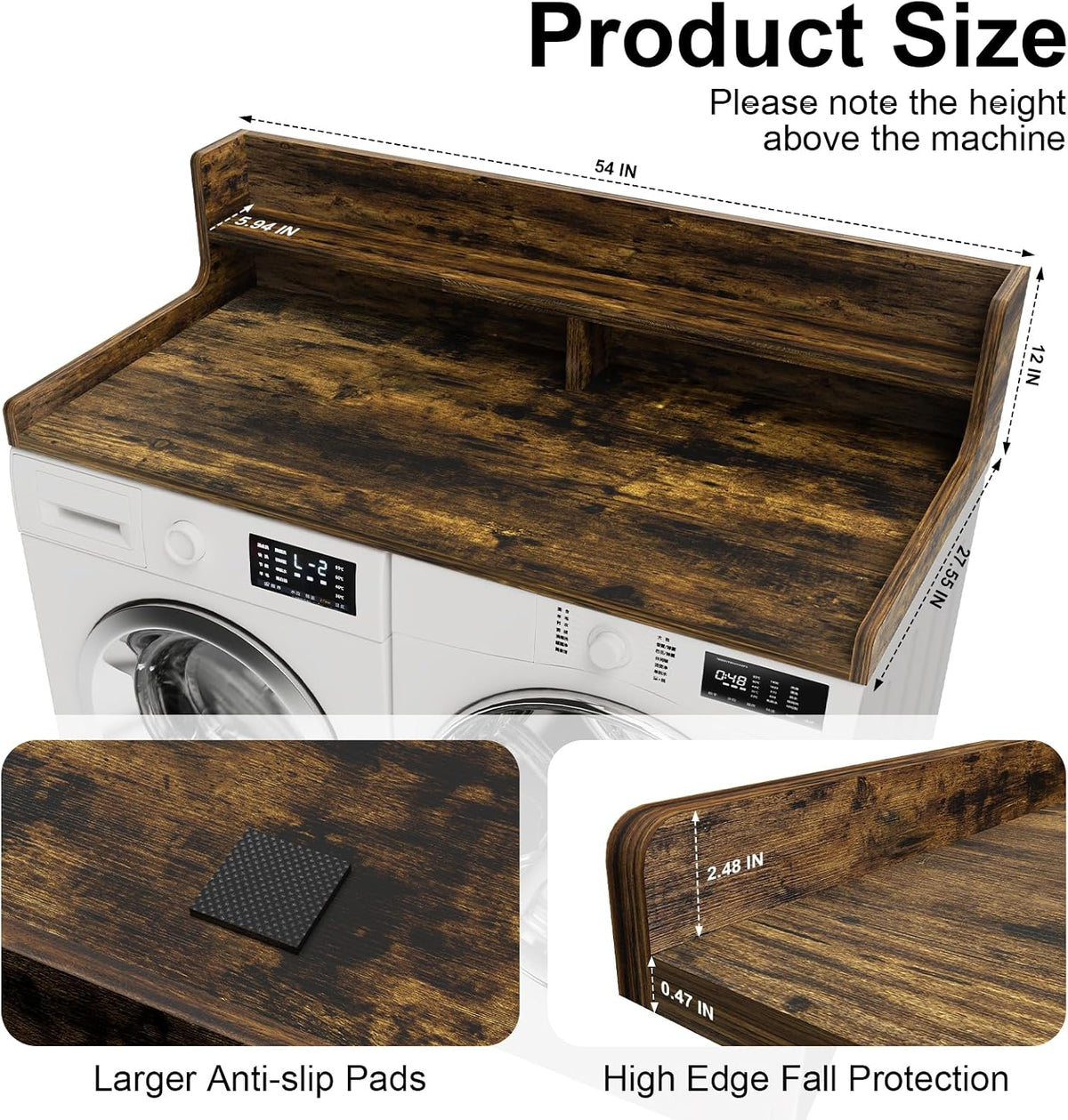 Washer Dryer Countertop, 54" x 27.55" 2-Tier Washer Dryer Topper with Edge, for Laundry Room Organization Rustic Brown