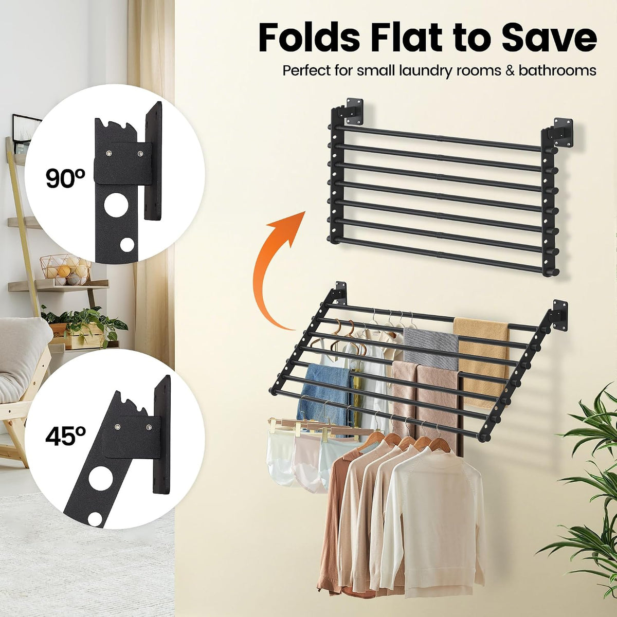 Wall Mounted Clothes Drying Rack 28 Inch – Foldable Laundry Drying Rack for Wall Mount, Space Saving Indoor Drying Rack for Clothes, Compact & Sturdy Design