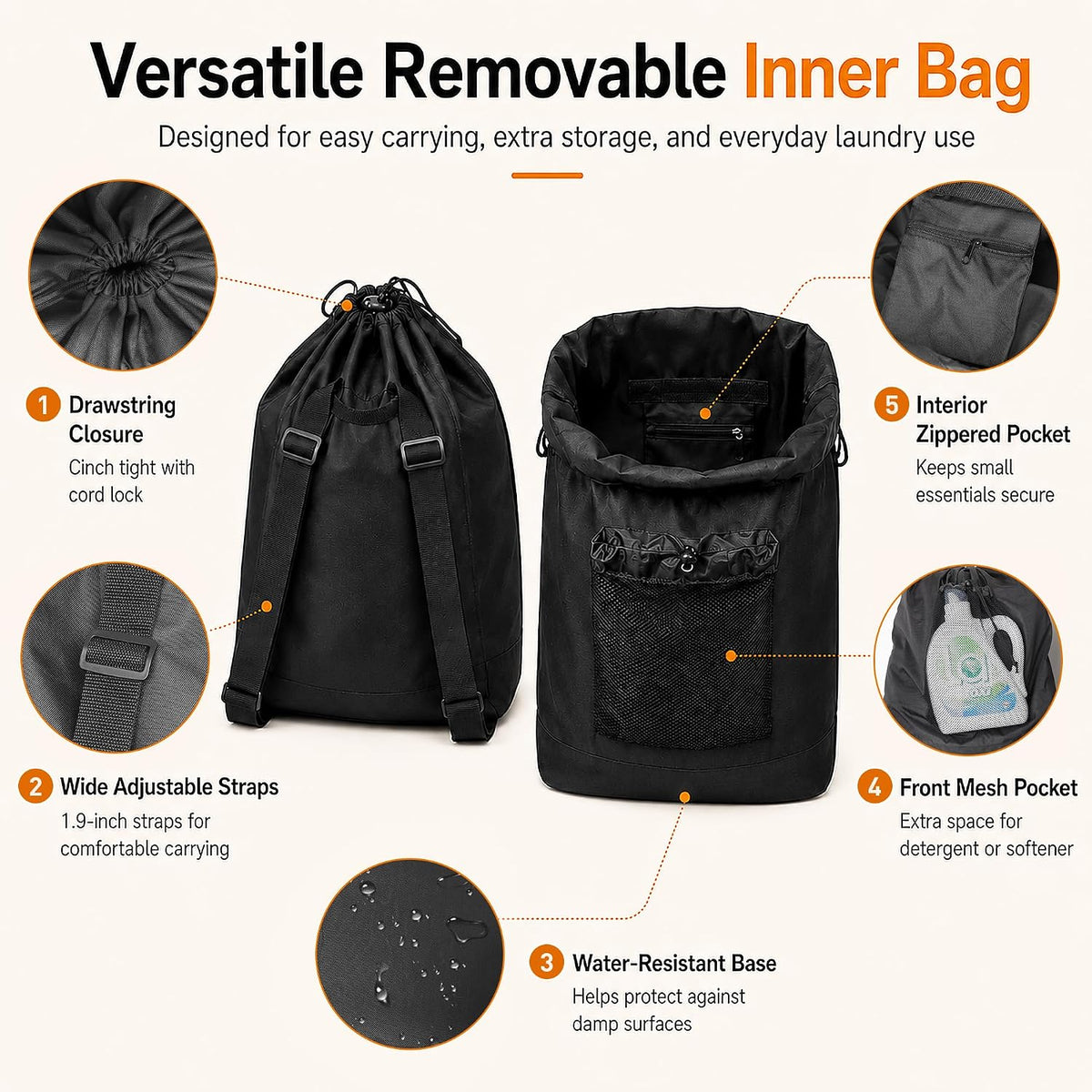 Foluck 60L 2-in-1 Laundry Hamper with Waterproof Laundry Backpack