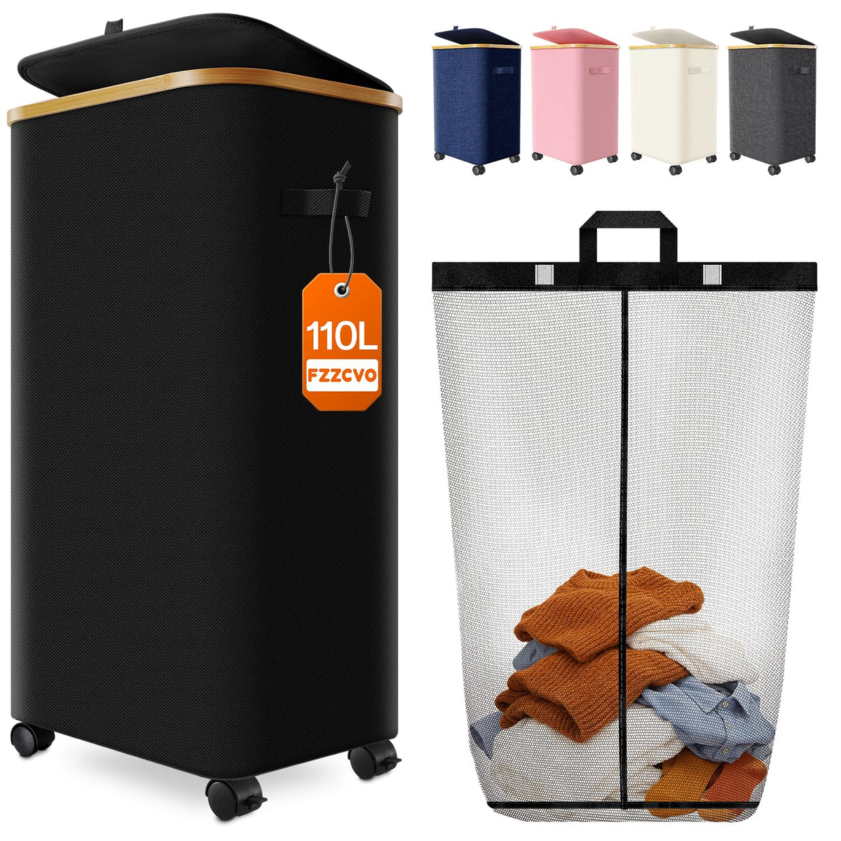 Laundry Hamper with Wheels, 75L Rolling Laundry Basket, Removable Inner Bag