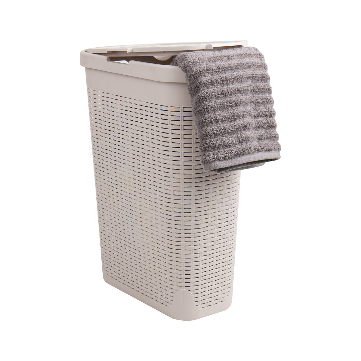 Mind Reader Slim Laundry Hamper with Lid, 40L Clothes Basket, Narrow Tapered Design with Ventilated Cutout Pattern, Plastic, White