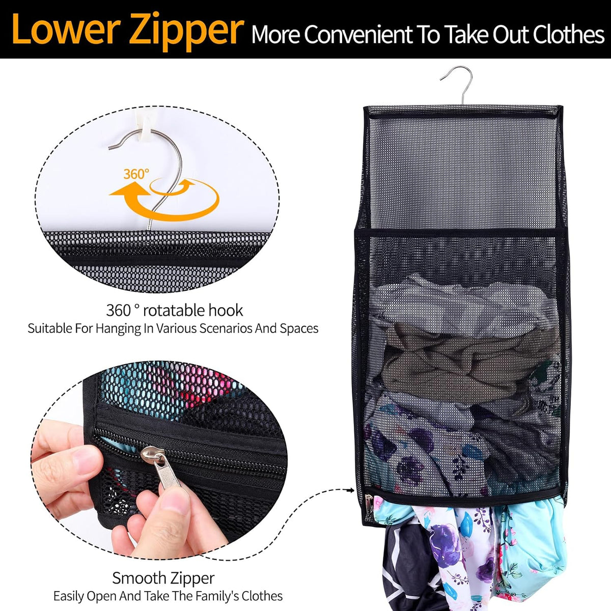 Hanging Collapsible Breathable Mesh laundry bags,Fast Drying Portable Space Saving Laundry Hamper for dorm,Rv Laundry Hamper Storage (Black)