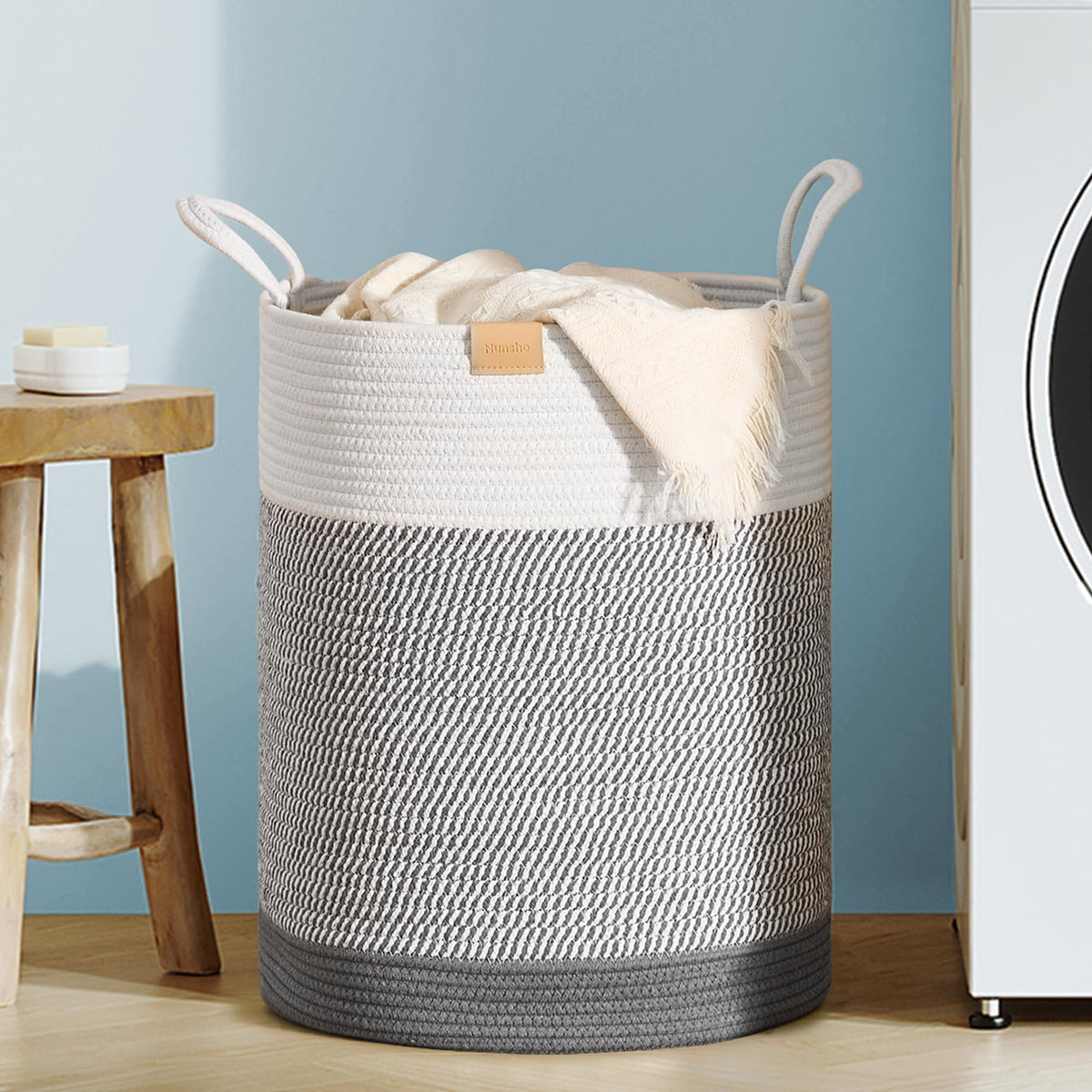 Nunsino Tall Laundry Basket Hamper 95L,Cotton Rope Storage Hamper with Reinforced Handles,Decorative Blanket & Toy Basket for Living Room, Bedroom, Nursery, Dark Brown