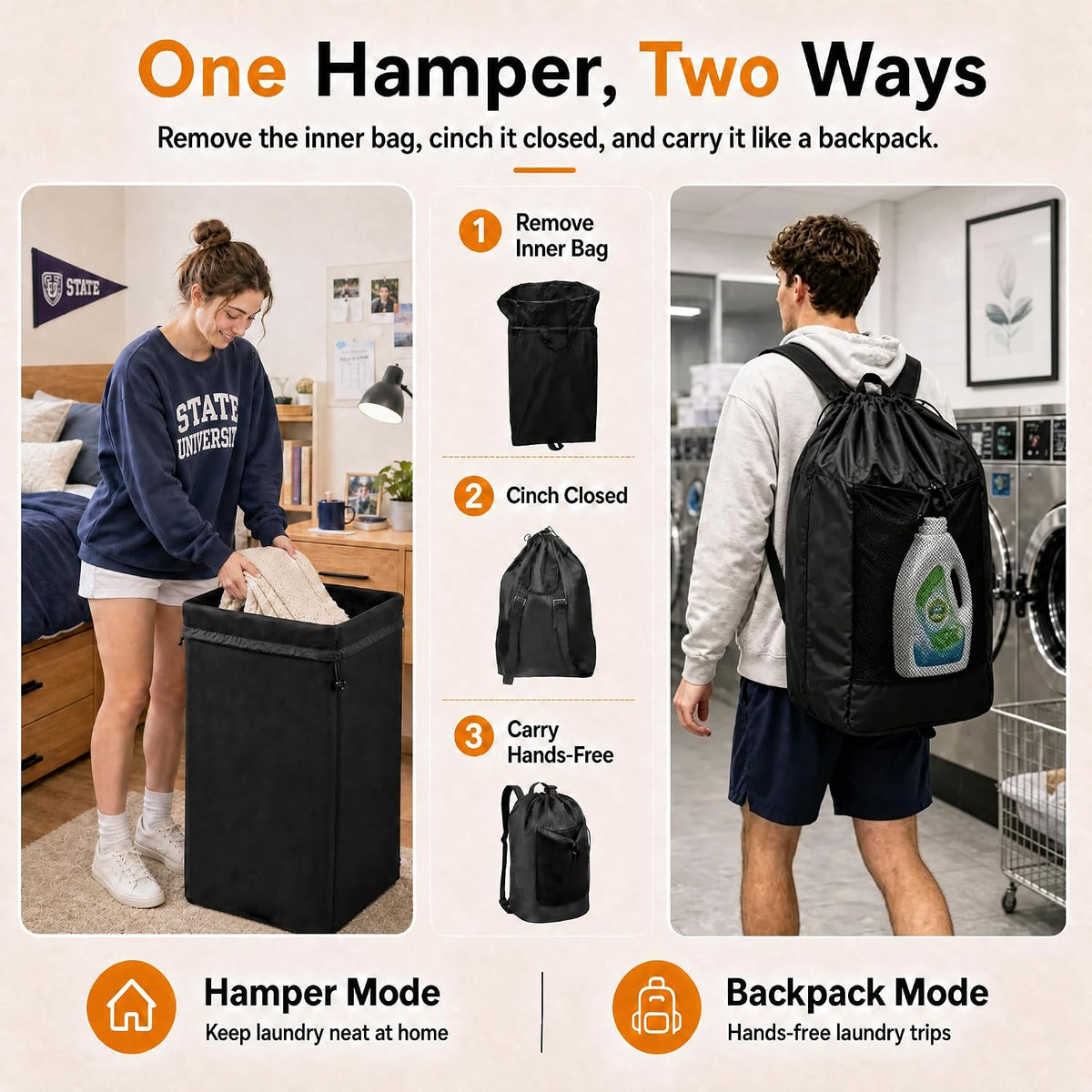 Foluck 60L 2-in-1 Laundry Hamper with Waterproof Laundry Backpack