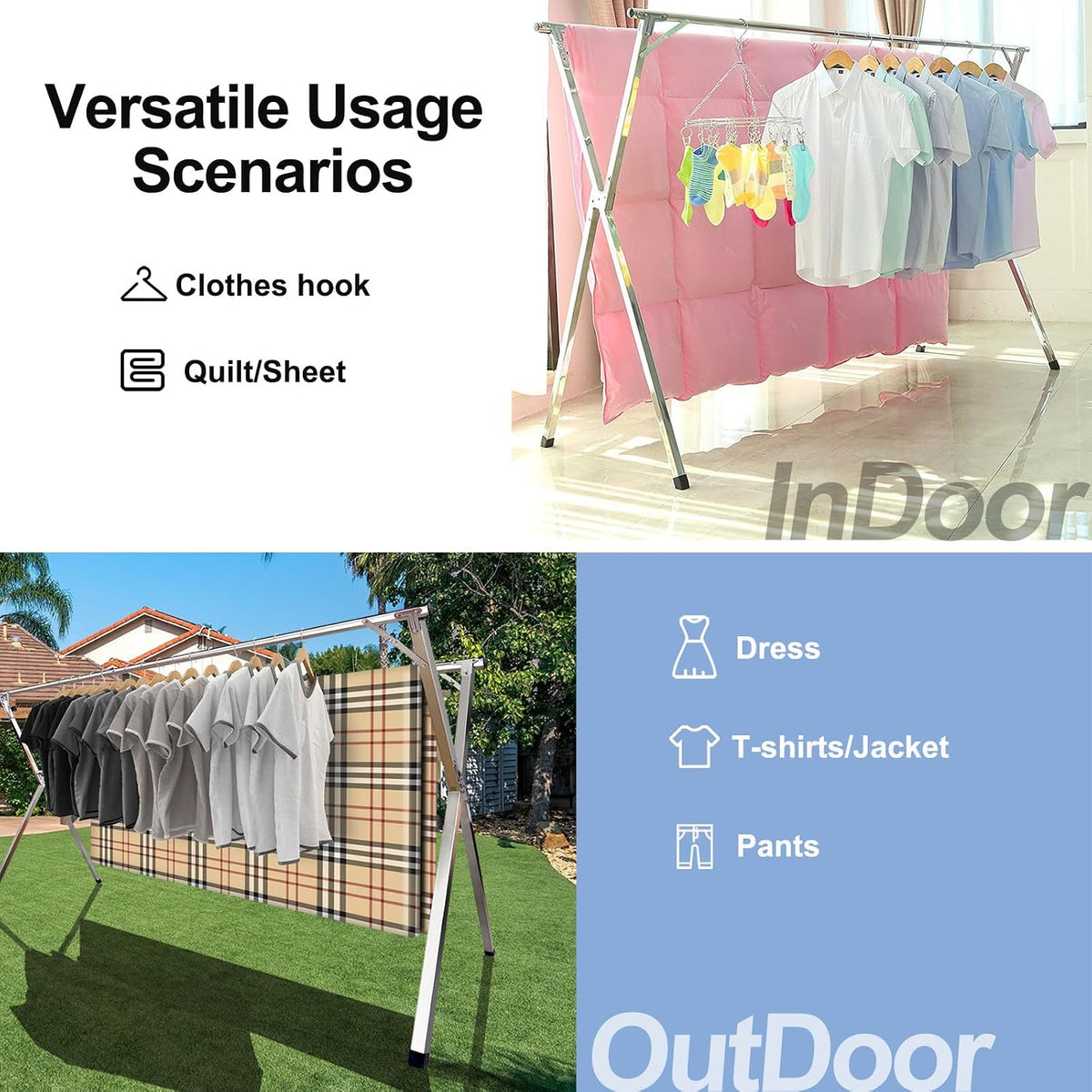 2026 Premium Stainless Steel Clothes Drying Racks, Foldable and Adjustable Laundry Drying Rack Clothing for Indoor Outdoor （79" D x 28.4" W x 50.4" H）