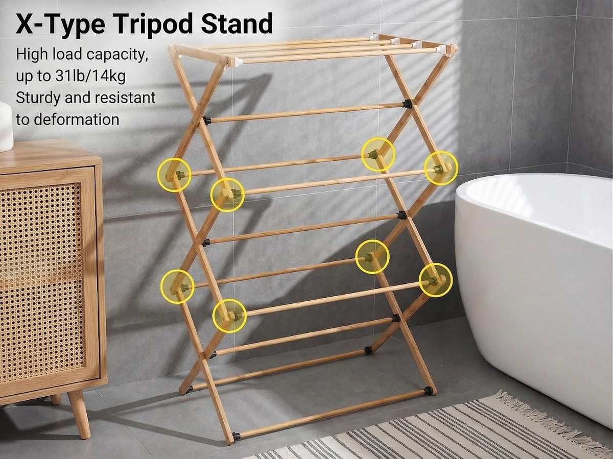 FJO Foldable Bamboo Clothes Drying Rack, 3-Tier Collapsible Laundry Clothes Hanger, Portable Wooden Drying Rack, Space Saving Indoor Outdoor, 28'' D x 15'' W x 39.3'' H, Beige