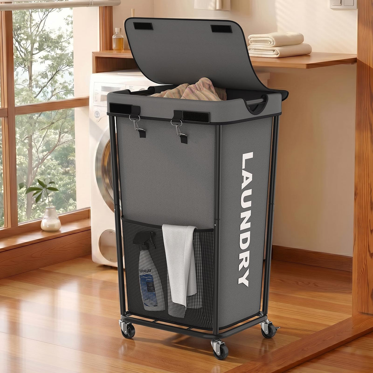 Laundry Hamper with Wheels and Lid, 150L Large Rolling Laundry Basket Black