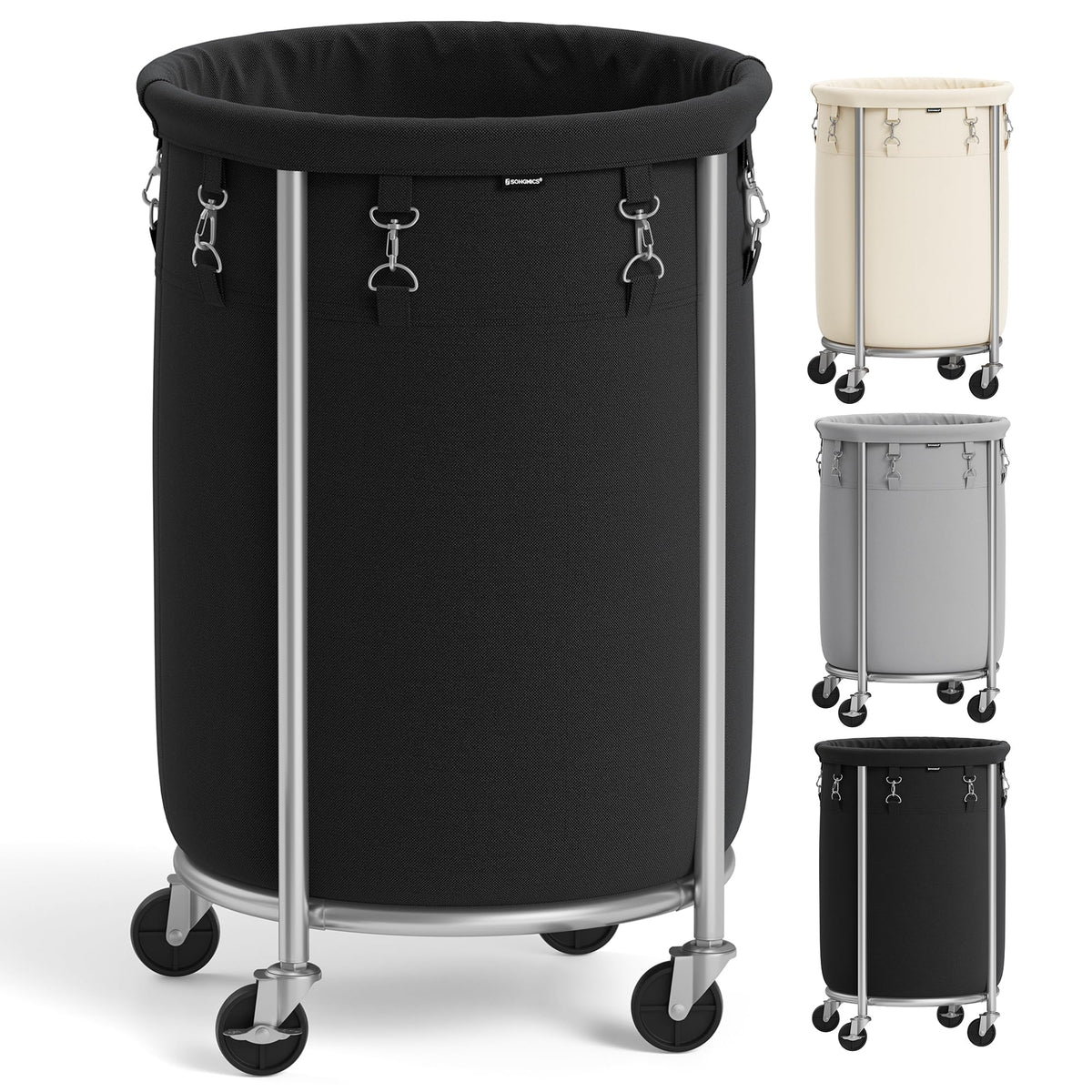 SONGMICS Laundry Basket with Wheels,190L, Steel Frame, Removable Bag