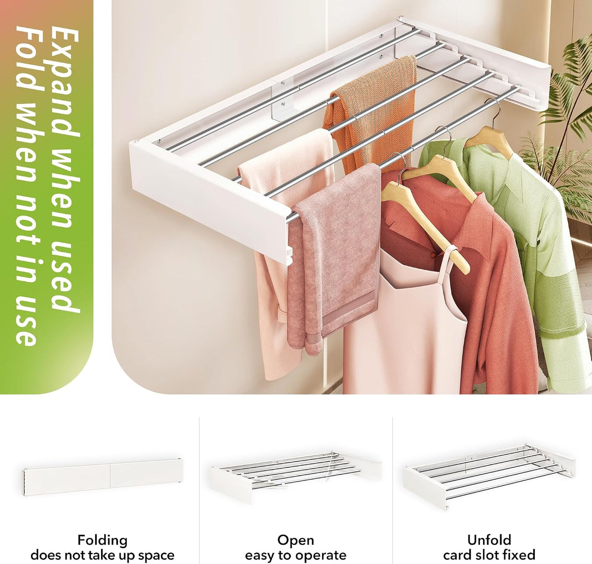 ZdwCyl Wall Mounted Drying Rack,32 inches,Foldbale, Clothes Drying Rack,Laundry Drying Rack Wall Mount,Drying Rack Clothing Space Saver,Retractable,Collapsible,Folding Laundry Rack,White