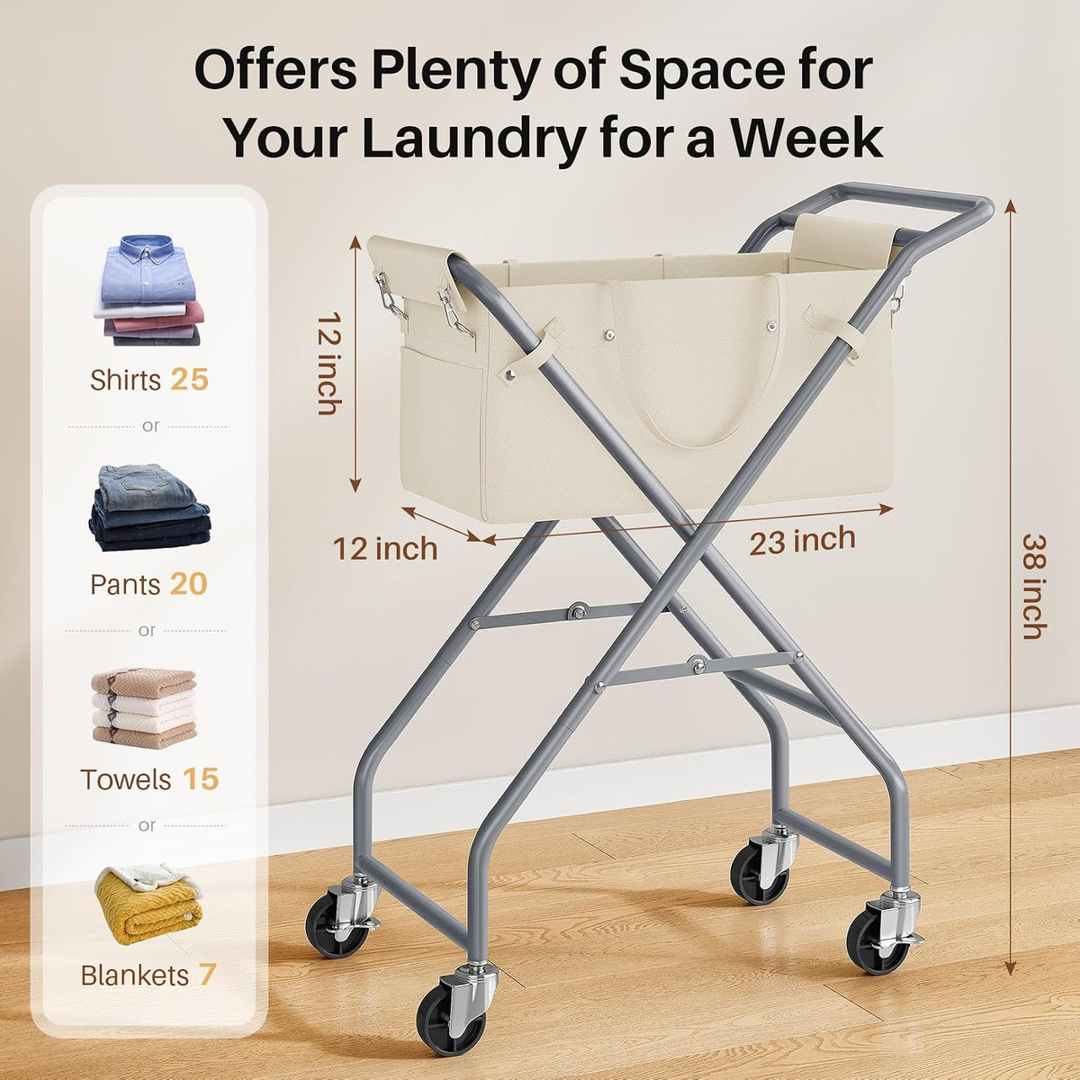 No-Bend Laundry Cart Rolling Hamper with Locking Wheels & Handle, Foldable Basket Screw-Free Assembly, Durable Metal Frame & Removable Liner Bag for Bedroom & Bathroom (Beige)