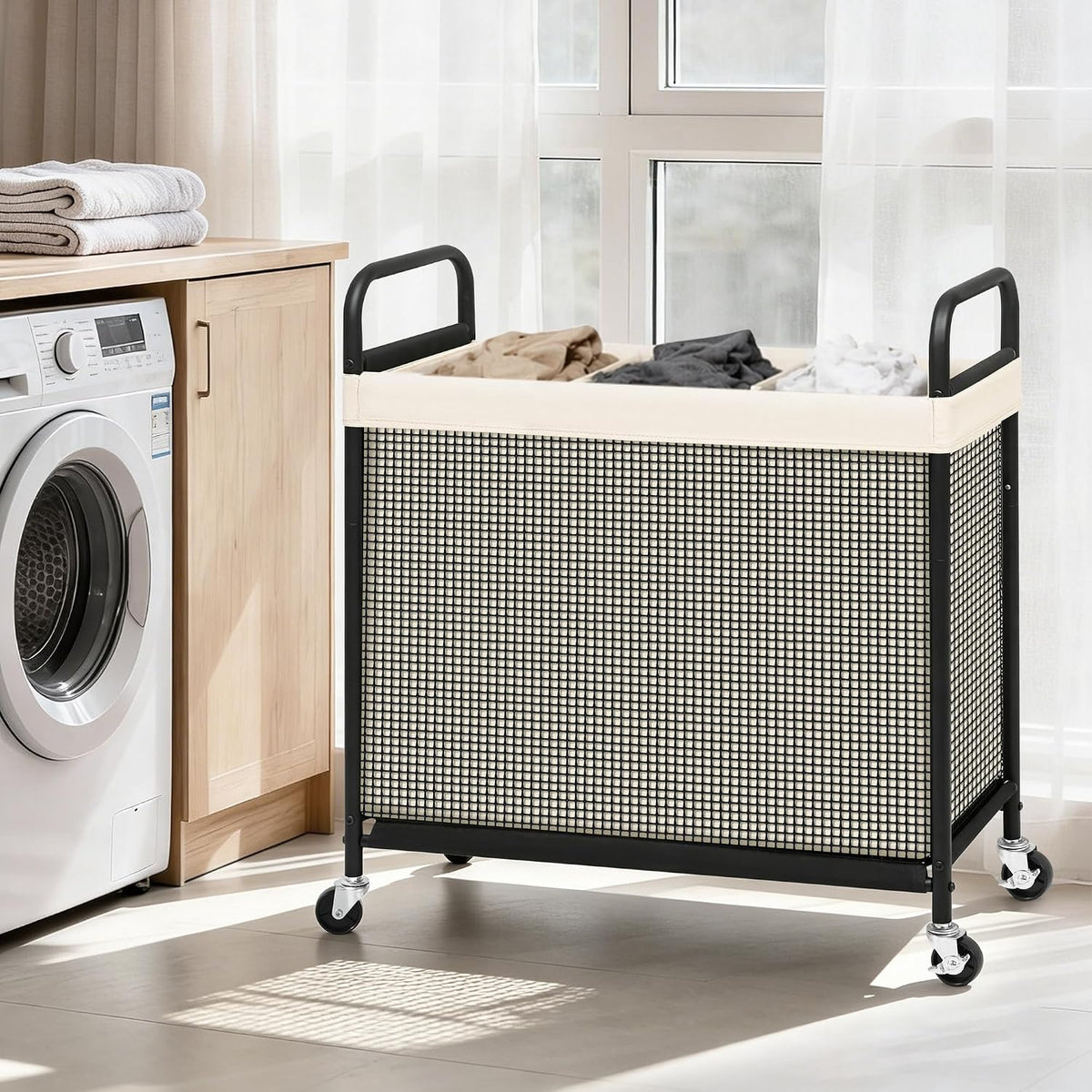 STORAGE MANIAC Rolling Laundry Hamper with Wheels 3-Section Laundry Sorter Rolling Laundrys Basket on Wheels with Removable Bag Clothes Hamper Laundrys Organizer Cart Bathroom Bedroom 120L Beige