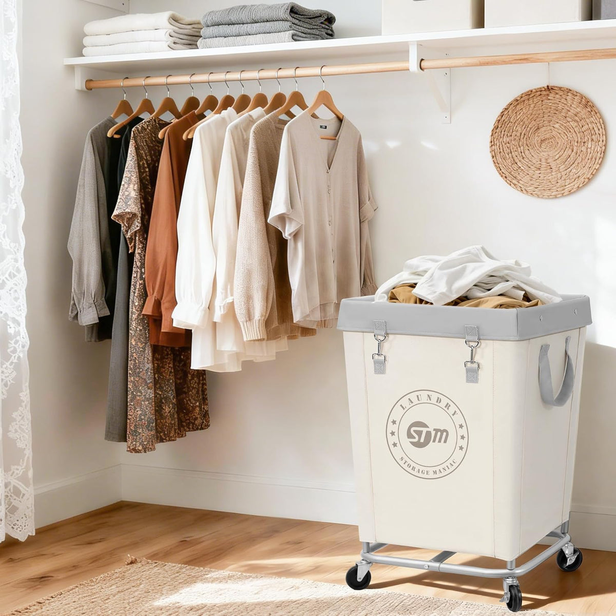 STORAGE MANIAC Commercial Laundry Hamper with Heavy Duty Steel Frame, 160 L Industrial Clothes Basket Cart with Wheels for Big Family, Home, Hotel, Laundry Room, 18''L x 18''W x 31''H, Medium Beige