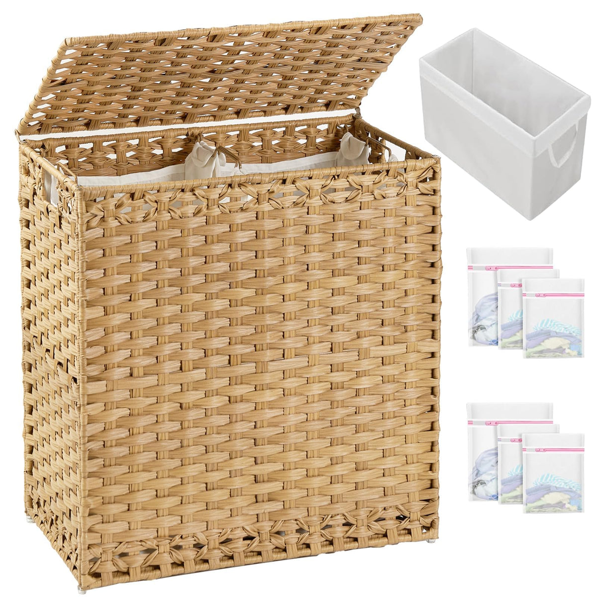 SETVSON Laundry Hamper with Lid Laundry Basket 132 L PE Rattan Natural