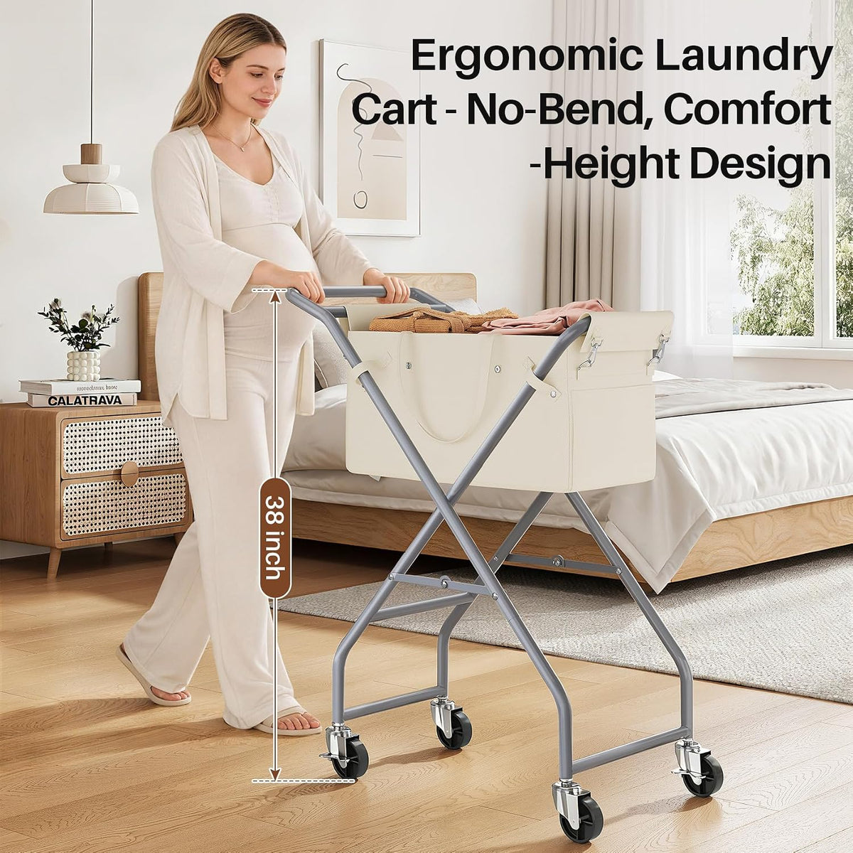 No-Bend Laundry Cart Rolling Hamper with Locking Wheels & Handle, Foldable Basket Screw-Free Assembly, Durable Metal Frame & Removable Liner Bag for Bedroom & Bathroom (Beige)