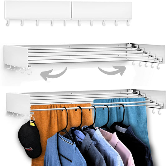 Foldable Wall Mounted Drying Rack - 31.5” Wide, 13.2 Ft Drying Space, 5 Aluminum Rods, Supports Up to 60 lbs - Retractable & Foldable Space-Saving Wall Mounted Clothes Drying Rack (White)