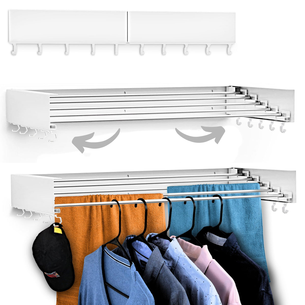 Foldable Wall Mounted Drying Rack - 31.5” Wide, 13.2 Ft Drying Space, 5 Aluminum Rods, Supports Up to 60 lbs - Retractable & Foldable Space-Saving Wall Mounted Clothes Drying Rack (White)