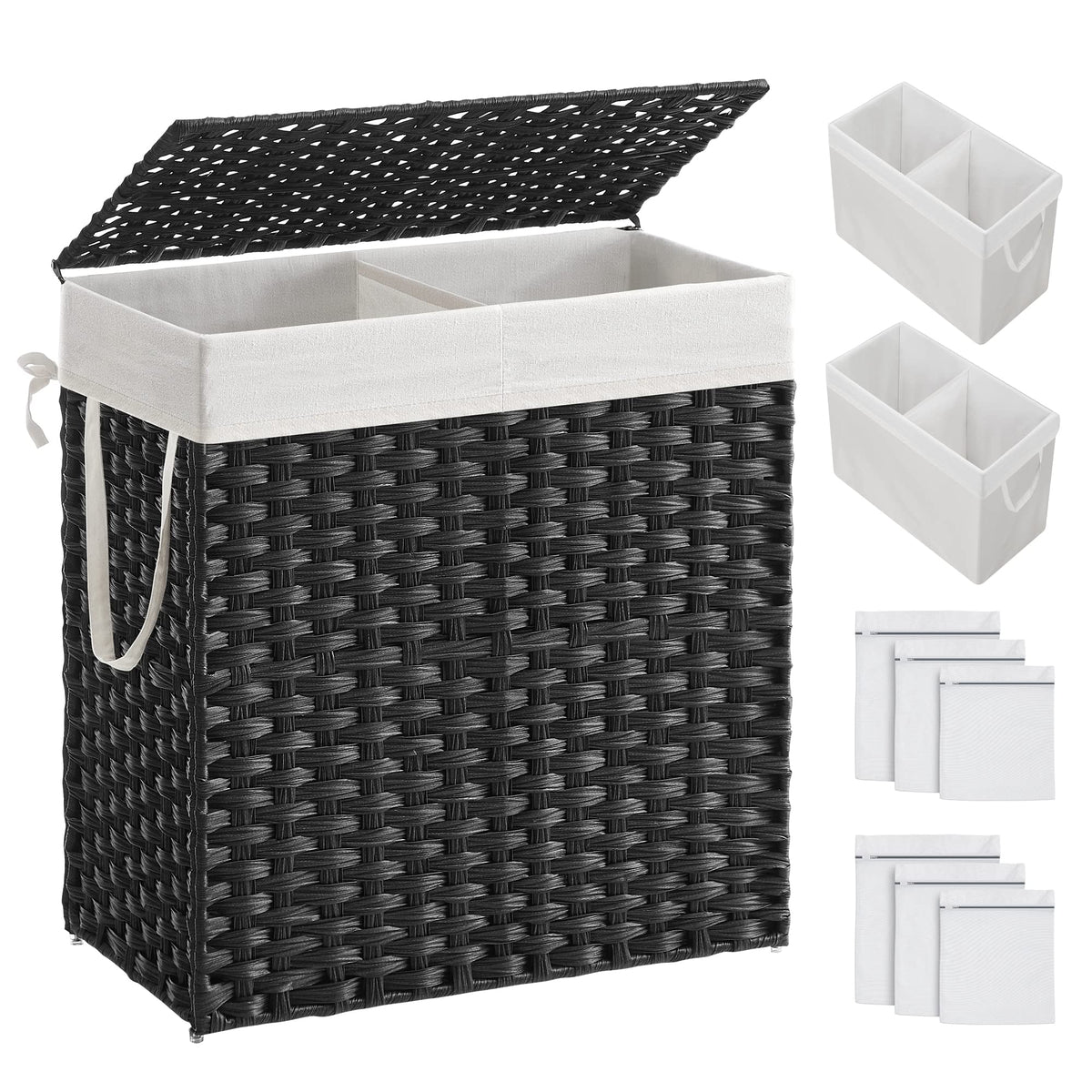 SONGMICS Laundry Hamper with Lid, 130L Double Wicker Basket, 6 Mesh Bags