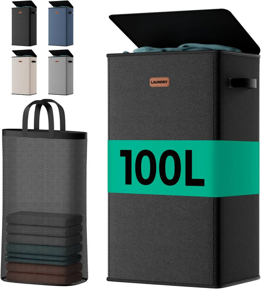 100L Large Capacity Laundry Hamper, Collapsible Laundry Basket Space-Saving, Clothes Hamper with Lid and Removable Bag for Bathroom Bedroom Laundry Room Dorm