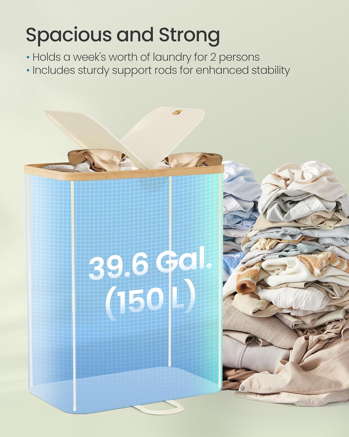 SONGMICS Laundry Hamper with 2 Lids, 150L Laundry Basket，2 Compartments