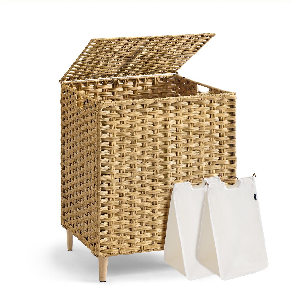 SONGMICS 4-SectionLaundry Hamper With Lid, PE Rattan, 55.5 Gallons (210 L)