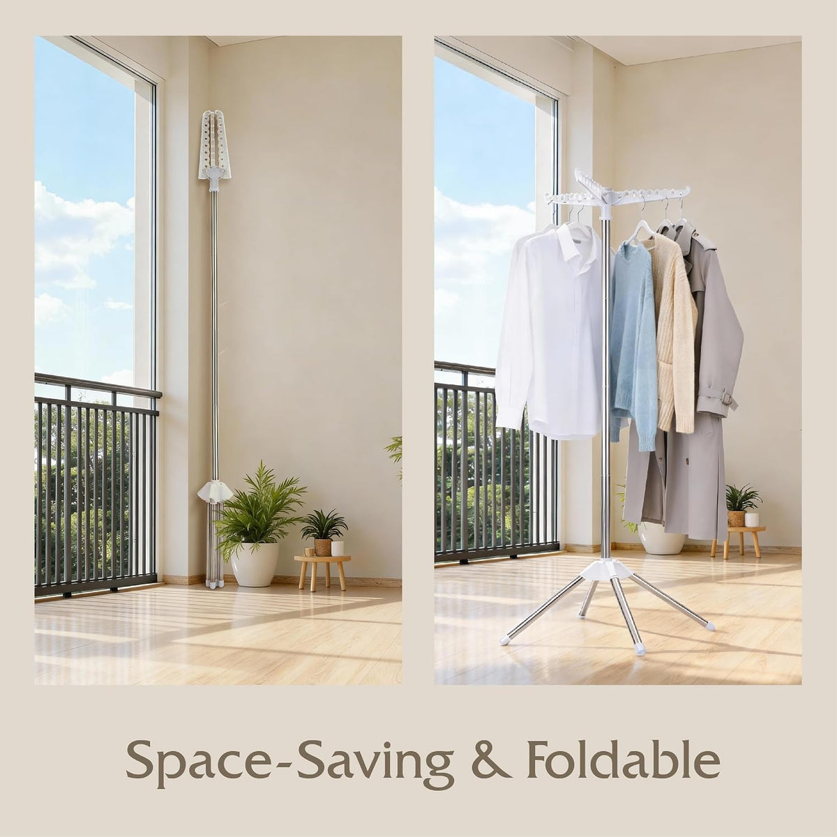 Beaudaily Clothes Drying Rack, Foldable Laundry Drying Rack, Indoor 59-Inch Drying Rack Clothing with 3 Rotatable Arms, Stainless Steel, Holds 27 Pieces, Space Saving, Portable, White and Silver