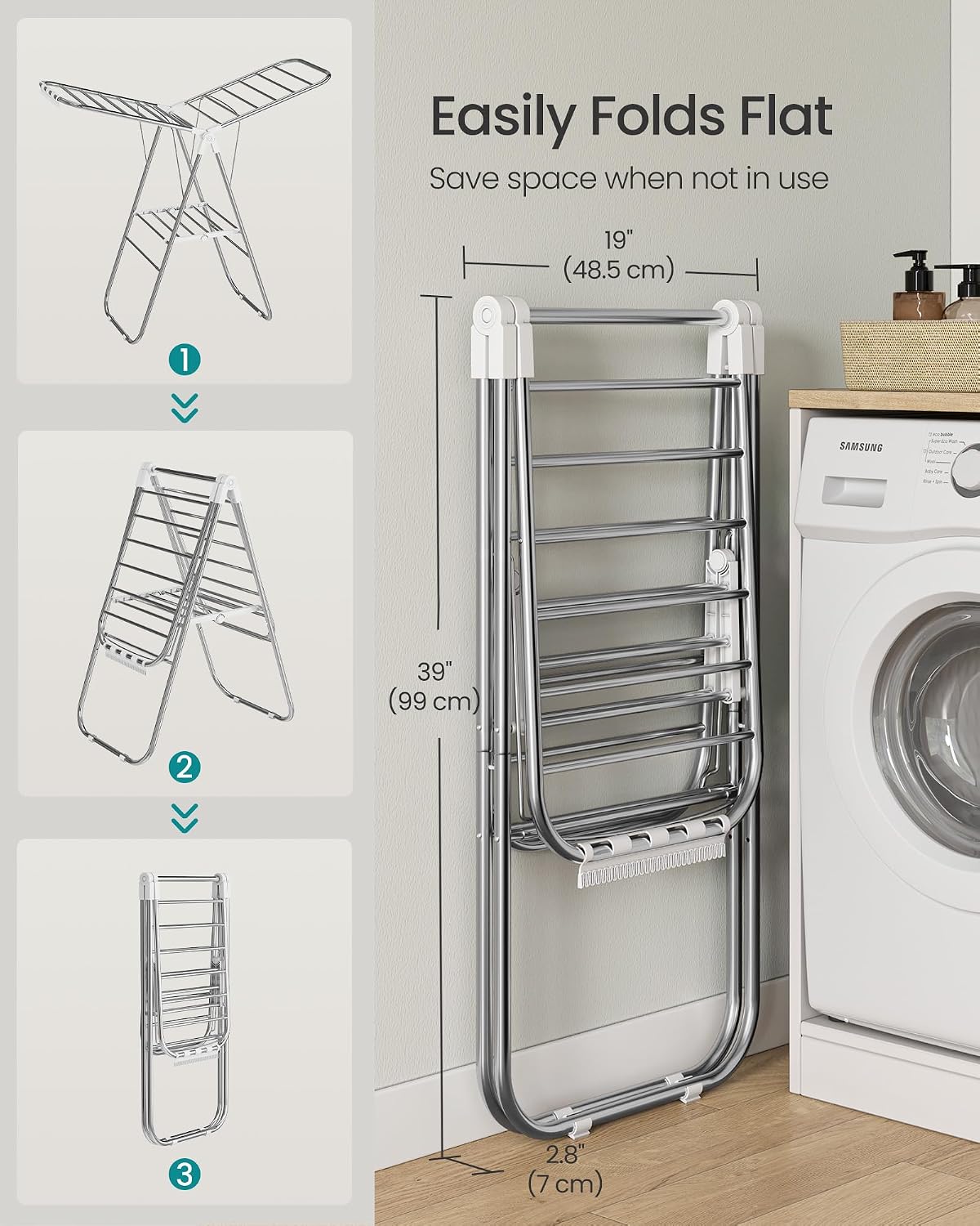 SONGMICS Clothes Drying Rack, Foldable Metal Airer, 19.3 x 51.2 x 39.4 in