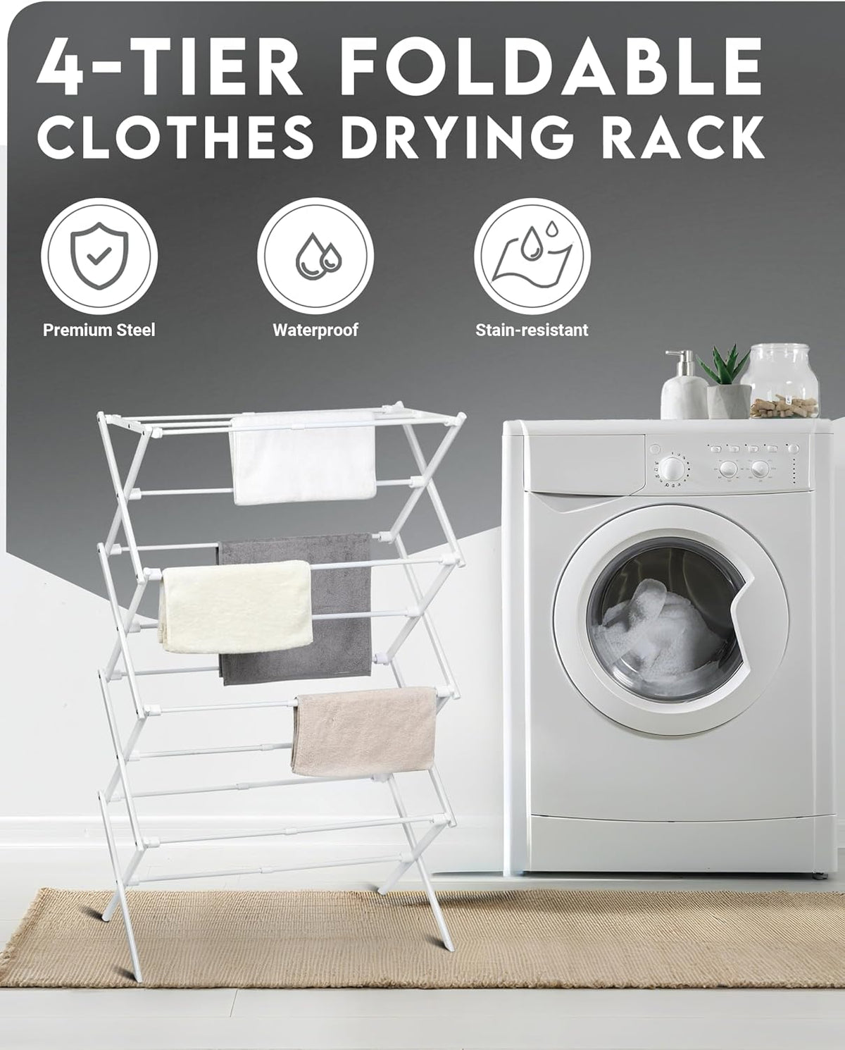 ZOES HOMEWARE 4-Tier Clothes Drying Rack, 4ft High Foldable Drying Rack Clothing for Indoor & Outdoor, Portable Collapsible Laundry Dryer for Laundry Room and Apartment, White 29" L x 49" H x 11.5" W