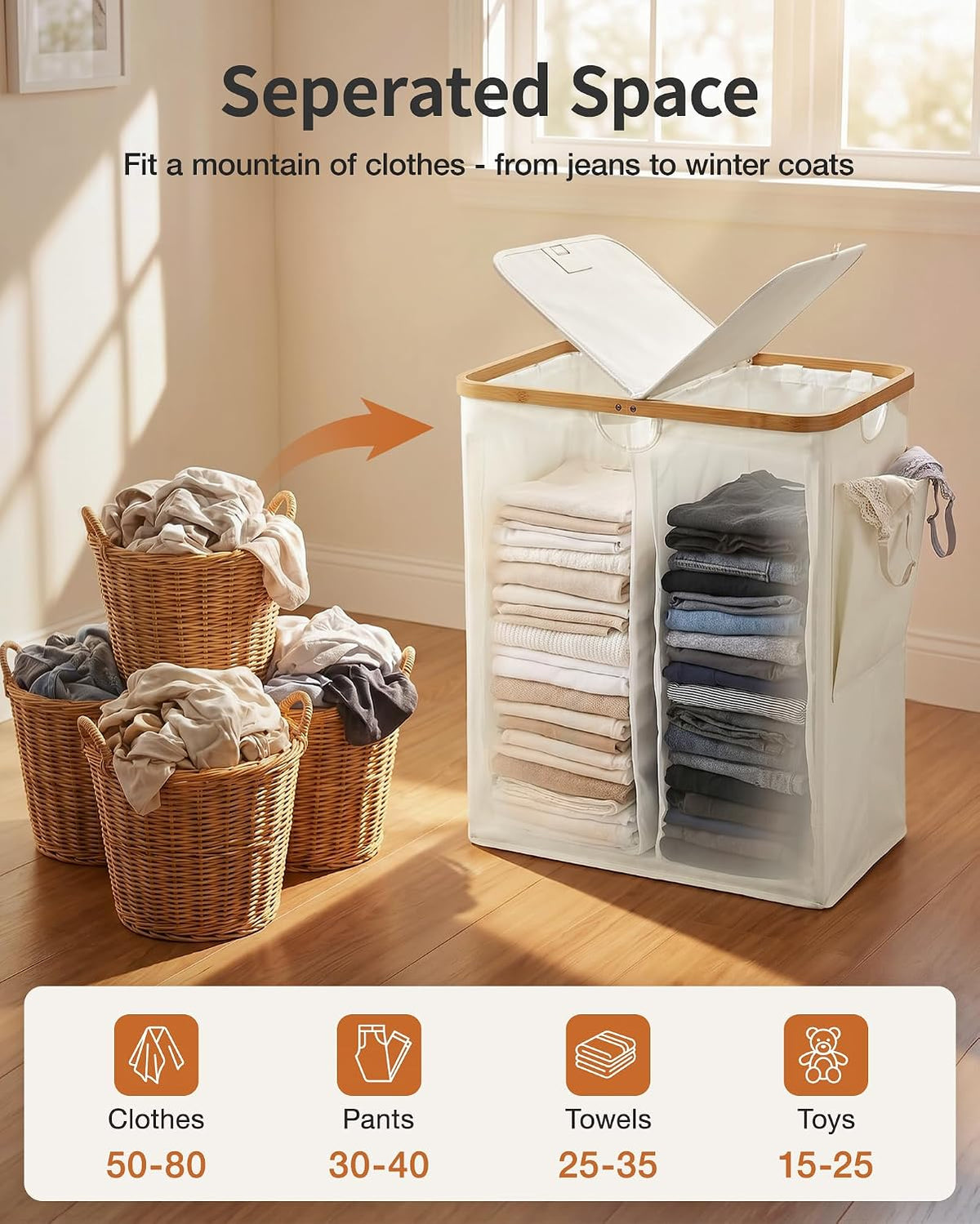 MIZATTO 140L Laundry Hamper with Lid, 2 Section Dirty Laundry Bin