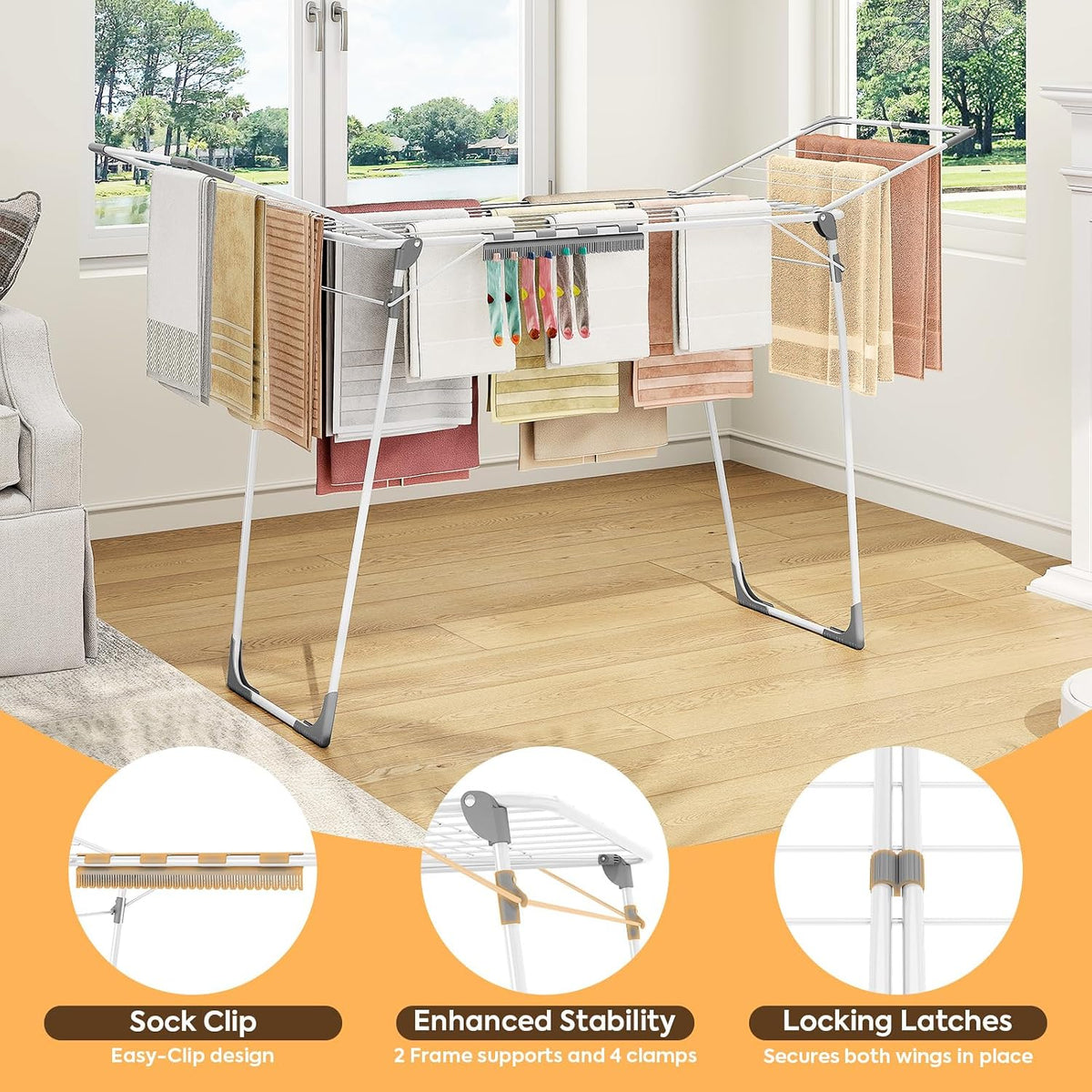 KINGBOARD Clothes Drying Rack,68.5" Heavy Duty with Sock Clips,Foldable