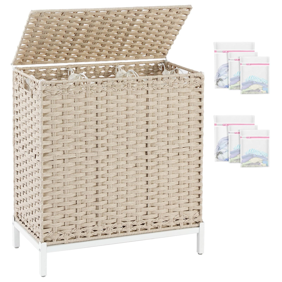 SETVSON Laundry Hamper with Lid, 112 L Handwoven Rattan Wicker Laundry Basket, 2 Removable Liner Bags Metal Heightened Feet, 6 Mesh Bags, 2 Section Large Clothes Hamper for Bathroom Bedroom, Natural