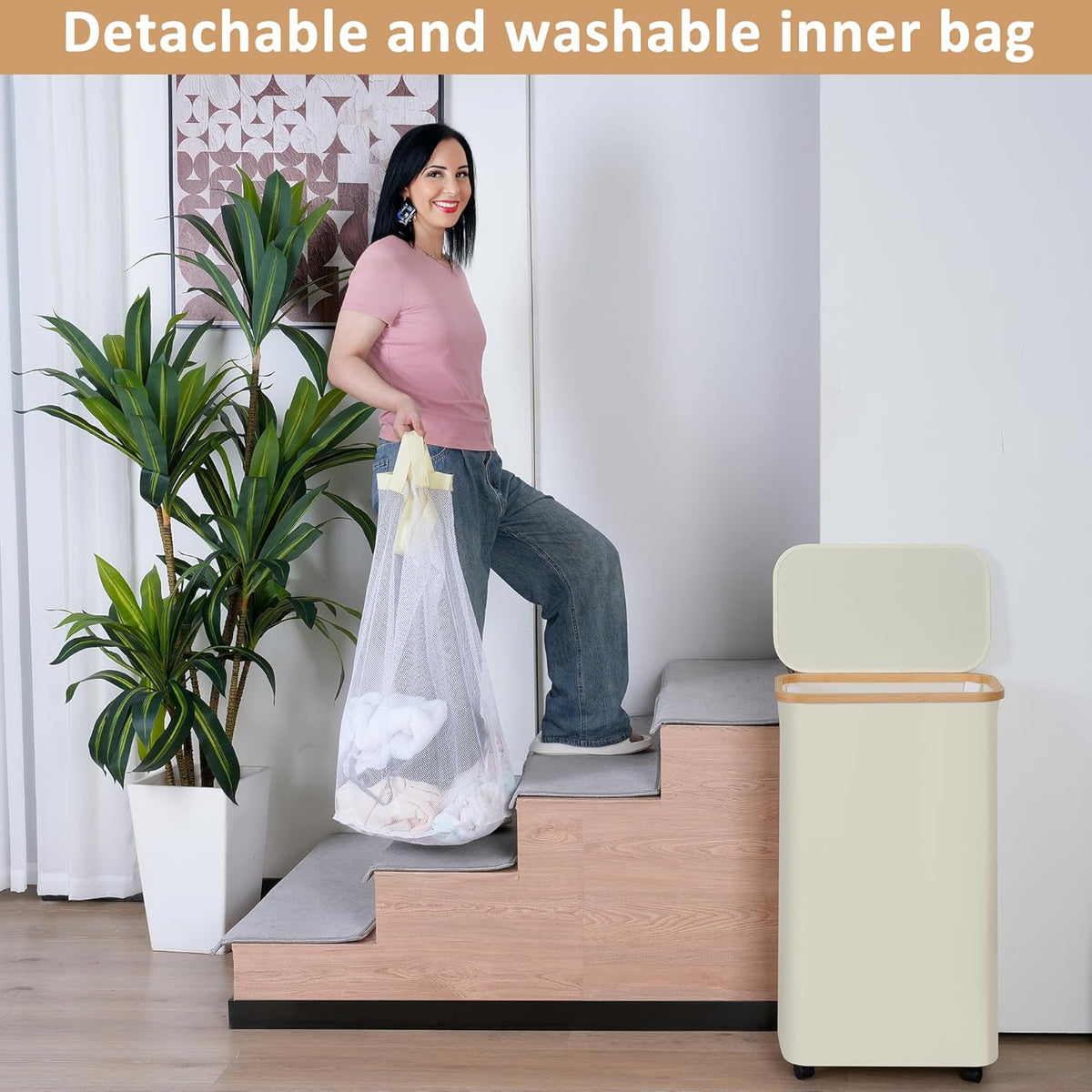 iEGrow Laundry Hamper with Lid,75L Hamper with Wheels & Removable Bag,Slim Laundry Basket on Wheels with Bamboo Frame,Foldable Rolling Clothes Hamper for Bedroom Dorm,Beige