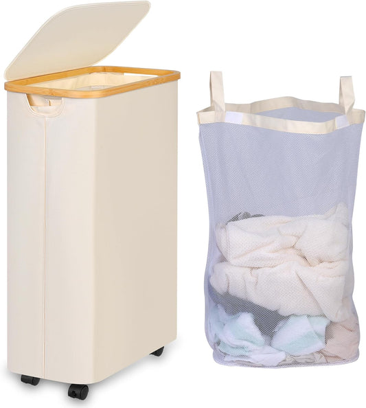 iEGrow Laundry Hamper with Lid,75L Hamper with Wheels & Removable Bag,Slim Laundry Basket on Wheels with Bamboo Frame,Foldable Rolling Clothes Hamper for Bedroom Dorm,Beige