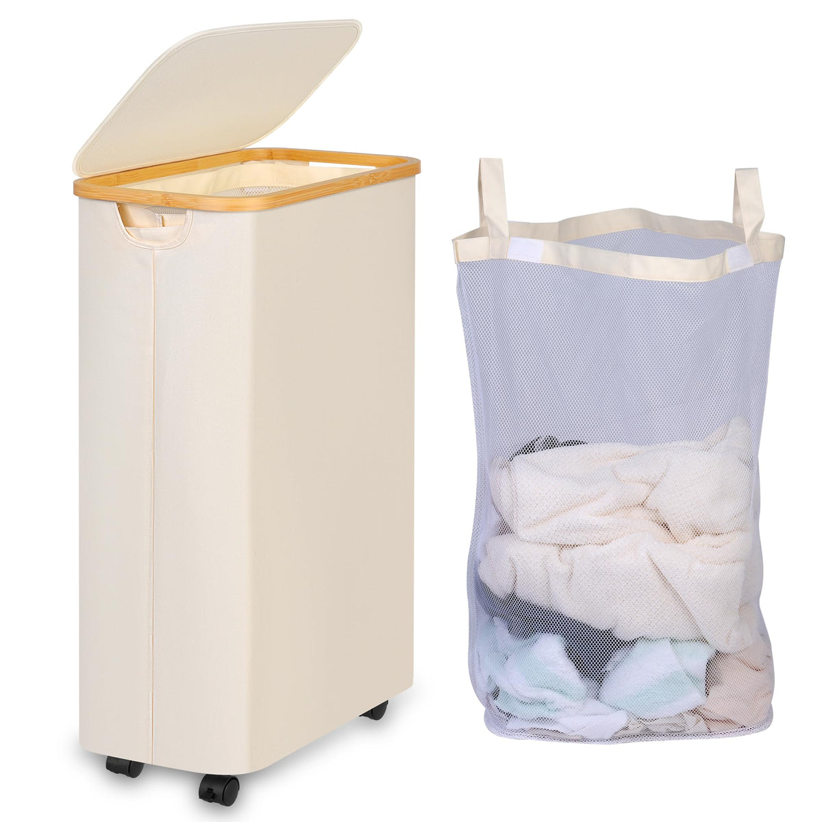 iEGrow Laundry Hamper with Lid,75L Hamper with Wheels & Removable Bag,Slim Laundry Basket on Wheels with Bamboo Frame,Foldable Rolling Clothes Hamper for Bedroom Dorm,Beige