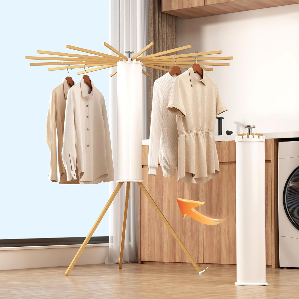 Heavy-Duty Wooden Tripod Clothes Drying Rack, 16 Rods, Large Capacity, 360° Airflow Umbrella Dryer, Foldable Space-Saving Floor Stand for Indoor Outdoor Use