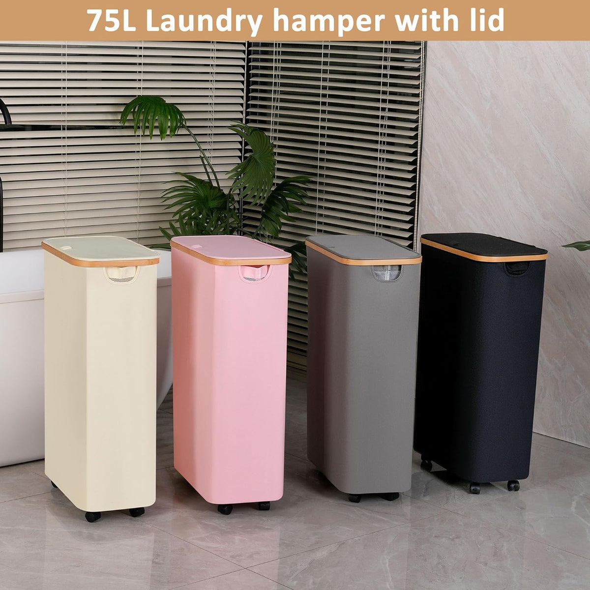 iEGrow Laundry Hamper with Lid,75L Hamper with Wheels & Removable Bag,Slim Laundry Basket on Wheels with Bamboo Frame,Foldable Rolling Clothes Hamper for Bedroom Dorm,Beige
