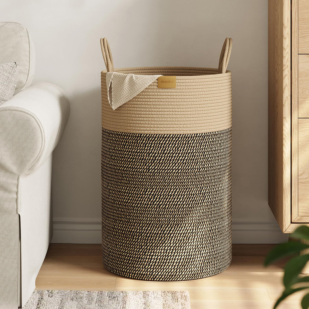 Nunsino Tall Laundry Basket Hamper 95L,Cotton Rope Storage Hamper with Reinforced Handles,Decorative Blanket & Toy Basket for Living Room, Bedroom, Nursery, Dark Brown