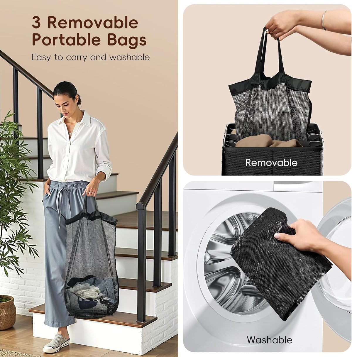 Laundry hamper 3 Section, XL Clothes Hamper with Lid & Inner Bag