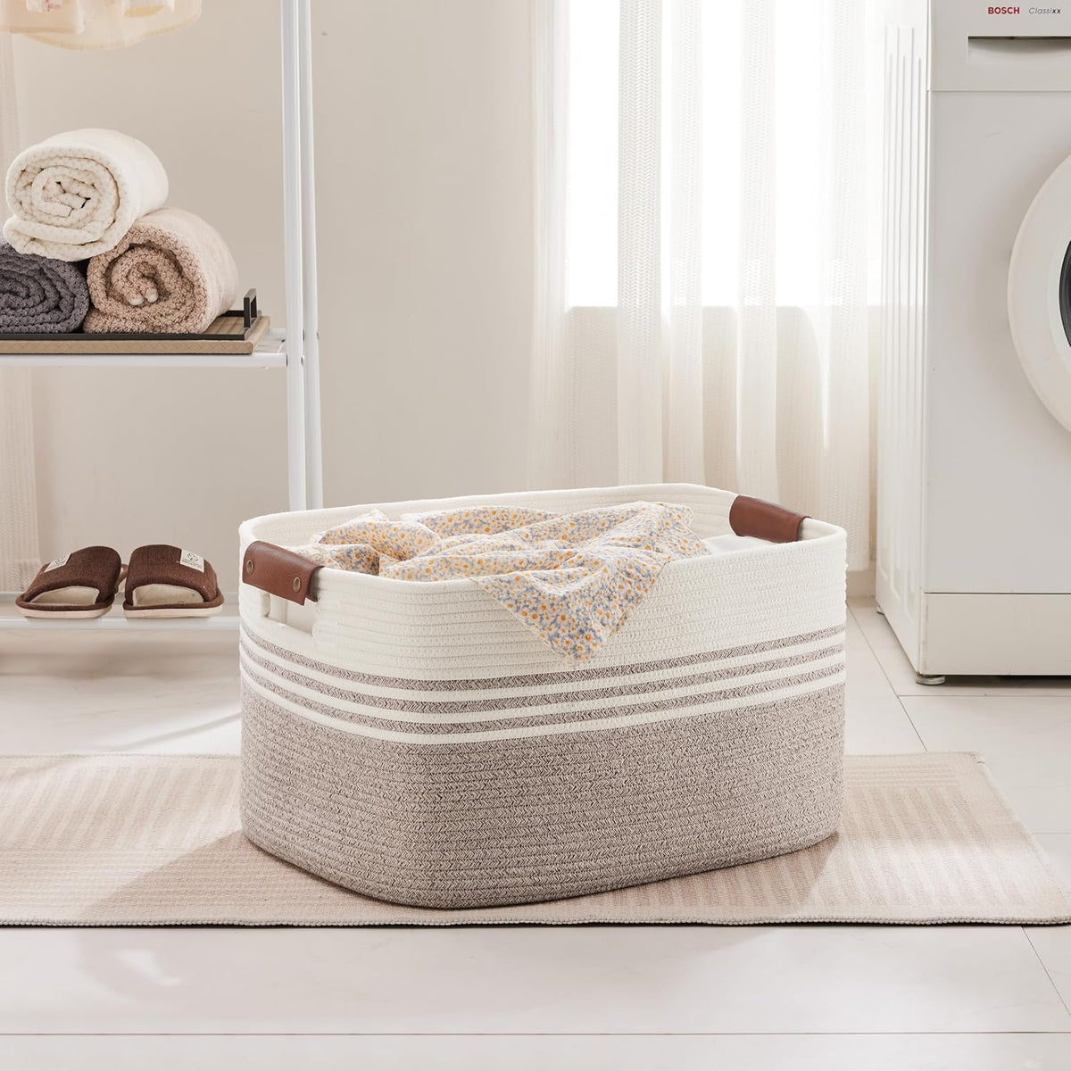 72L Large Woven Laundry Basket Hamper with Leather Handles,Brown